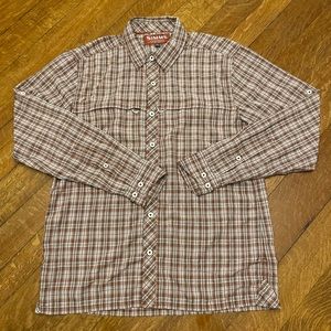 Simms Men’s Long Sleeve Fishing Shirt, Red White, Size Medium